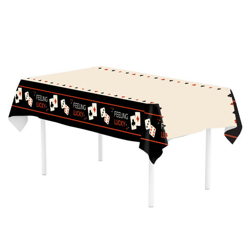 Tablecloth with playing card design and 'Feeling Lucky' text on a white background