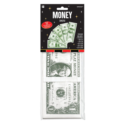 Packaged play money with dollar bill design on a white background