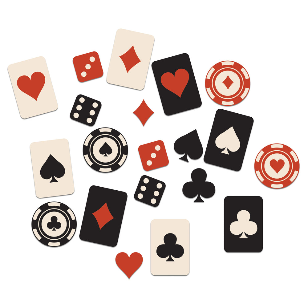 Assorted playing cards, poker chips, and dice on a white background