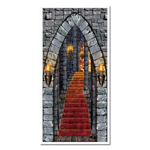 Staircase leading up to a stone archway with torches on a white background
