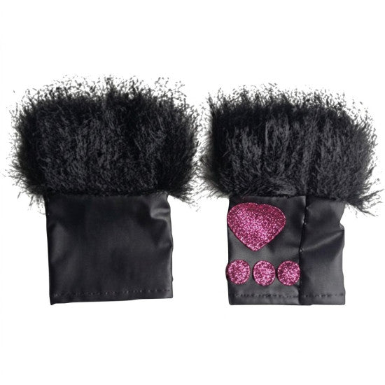 A pair of black faux-fur wristbands with black satin cuffs, one plain and one decorated with a pink glitter heart and two pink glitter circles, shown on a white background.
