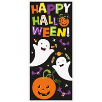 Halloween-themed decorative banner with ghosts, pumpkins, and colorful text.