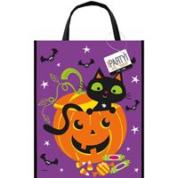 Halloween-themed gift bag with a black cat on a purple background