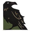 Black silhouette of a raven on a green background