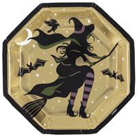 Halloween-themed paper plate with a witch design on a gold background