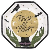 Decorative plate with 'Trick or Treat' text and Halloween-themed illustrations on a white background.