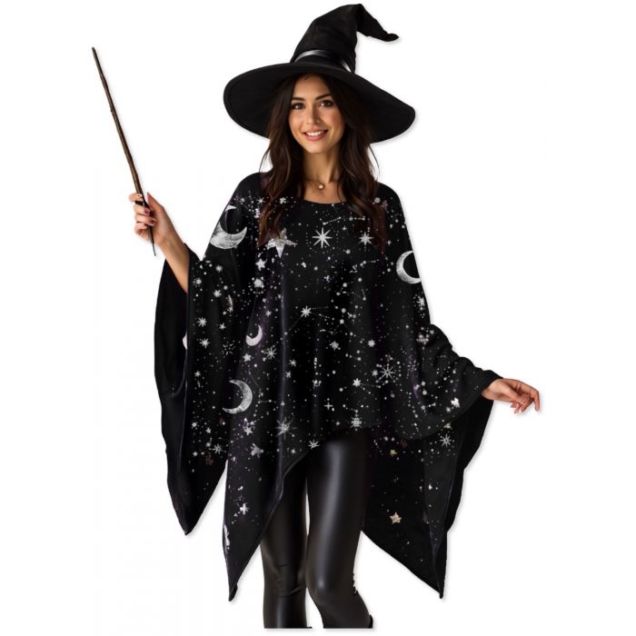 Woman in witch costume with black hat, cloak with celestial designs, and wand on white background
