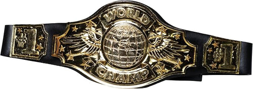 Gold championship belt with world emblem on a white background