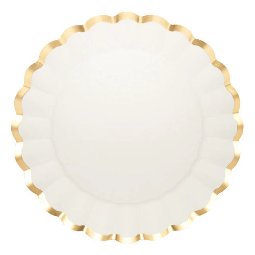 Round white plate with gold rim on a white background