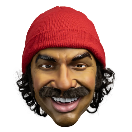 Cardboard cutout of a person wearing a red beanie with a white background