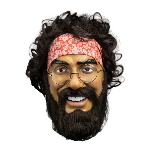 Mask with a wig, headband, glasses, and beard on a white background