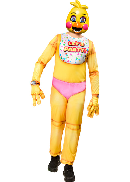 Yellow costume with pink underwear and 'Let's Party' bib on a white background