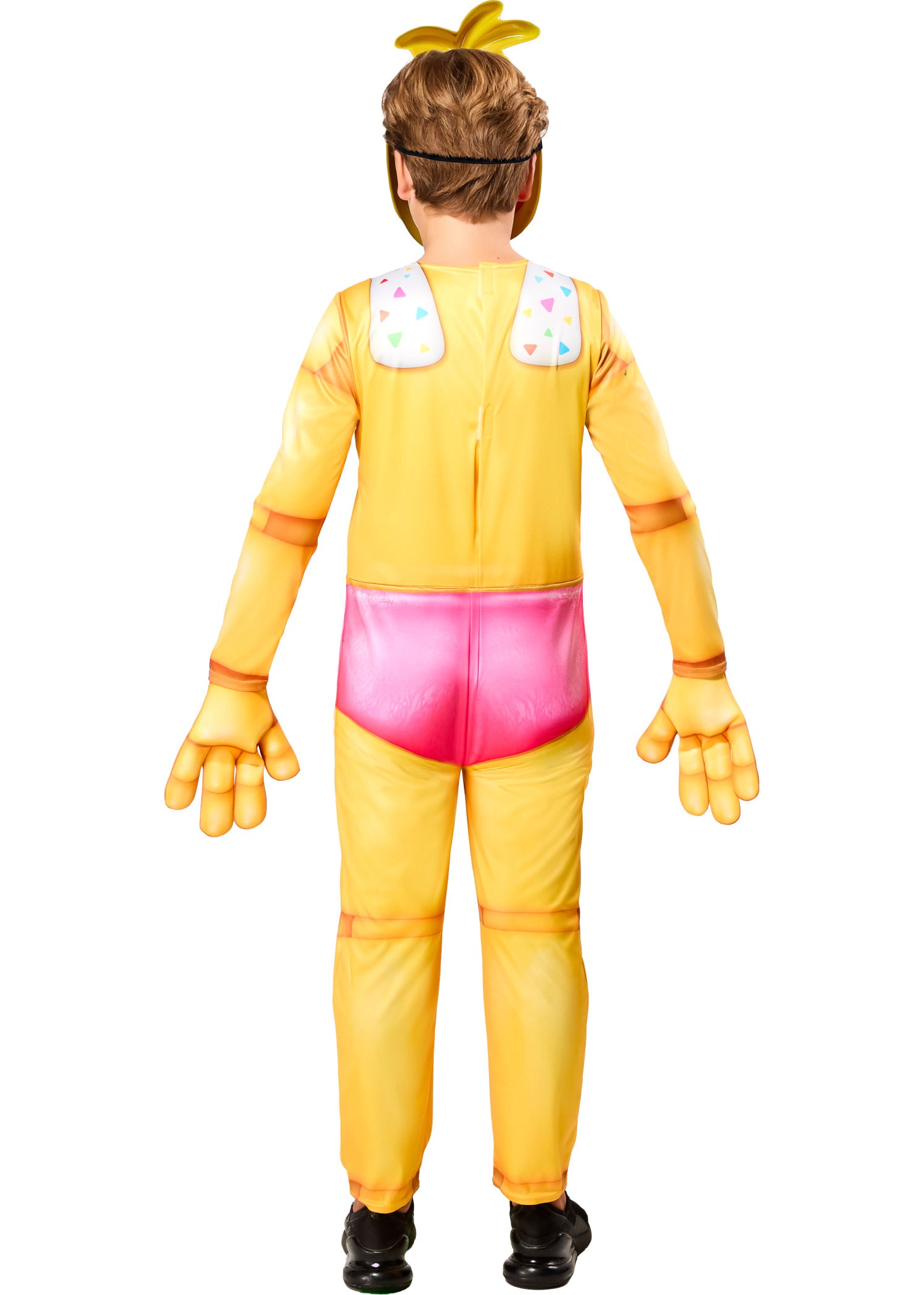 Child wearing a yellow costume with pink underwear on a white background