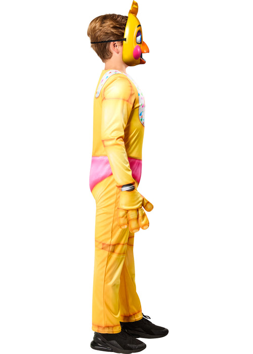 Person wearing a yellow and pink costume with a mask on a white background