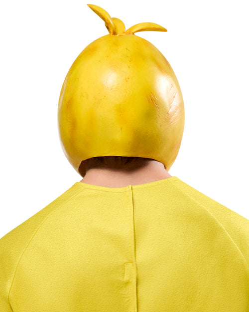 Person wearing a yellow helmet shaped like a watermelon on a white background