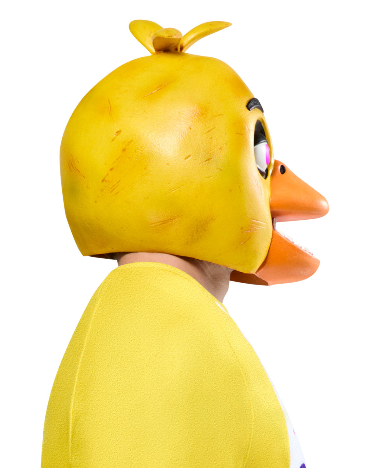 Person wearing a yellow chicken costume with a white background