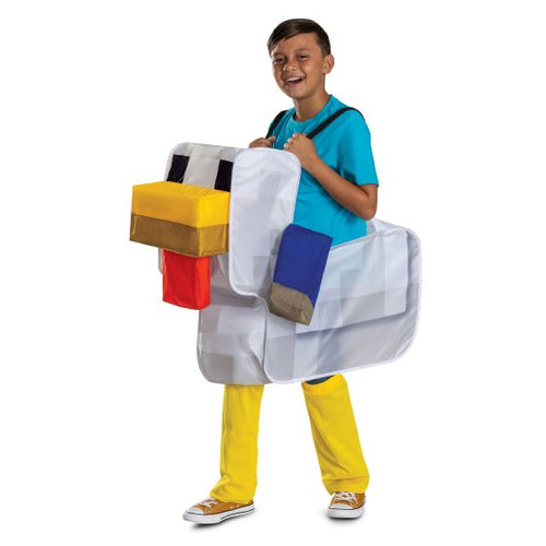 Child wearing a colorful block costume on a white background