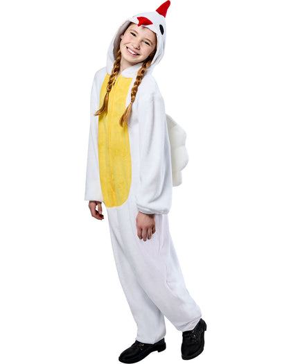 Child wearing a cartoon character onesie on a white background