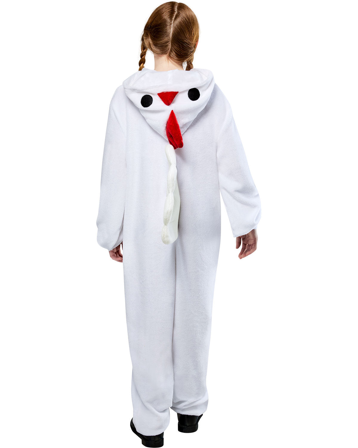 Child wearing a white chicken onesie on a white background
