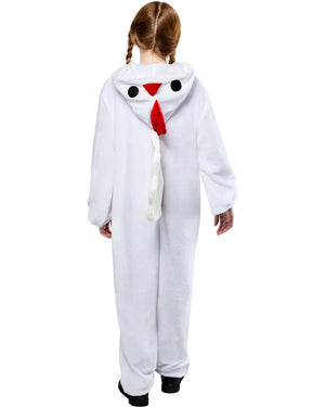 Child wearing a white chicken onesie on a white background