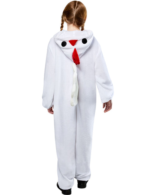 Child wearing a white chicken onesie on a white background