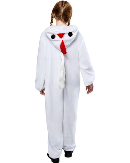 Child wearing a white chicken onesie on a white background