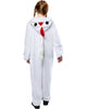 Child wearing a white chicken onesie on a white background