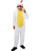 Child wearing a chicken-themed onesie on a white background