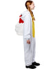 Person wearing a white cartoon character onesie with red accents on a white background