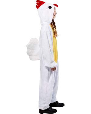 Person wearing a white chicken onesie with red comb on a white background