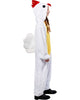 Person wearing a white chicken onesie with red comb on a white background
