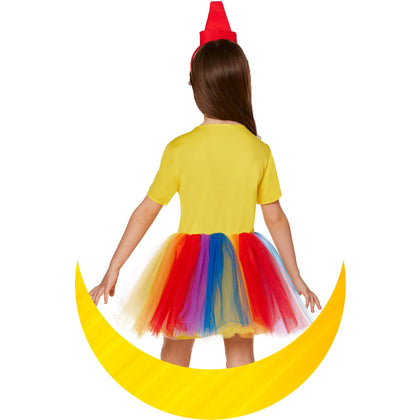 Child wearing a yellow dress with a colorful tutu and red hat on a white background