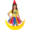 Child wearing a colorful costume with a yellow shirt and rainbow skirt on a white background
