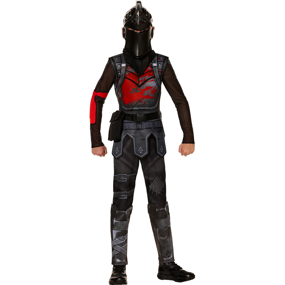 Black and red superhero costume with a helmet on a white background