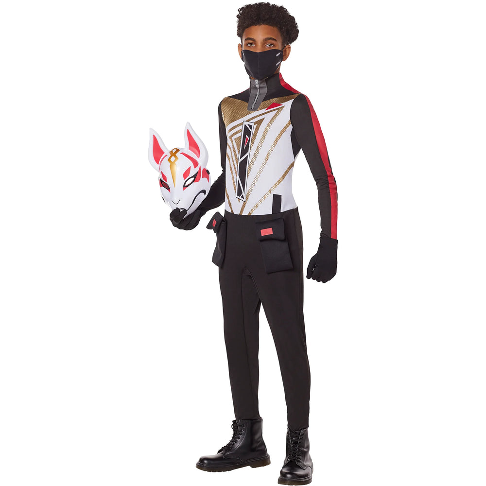 Person wearing a futuristic costume with a mask on a white background