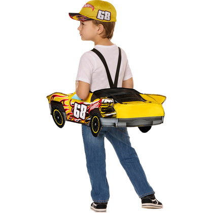 Child wearing a yellow car-shaped backpack with a driver's outfit on a white background