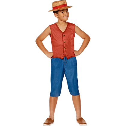 Child wearing a red vest, blue shorts, and a straw hat on a white background