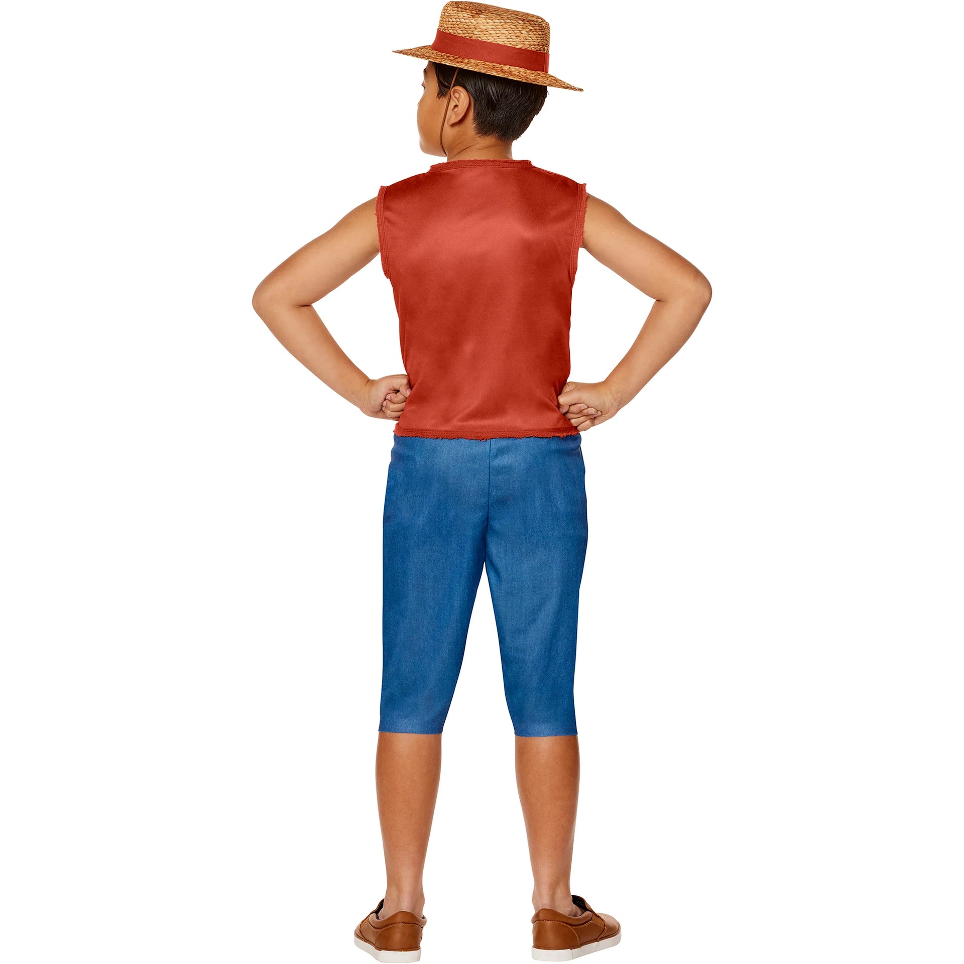Person wearing a red sleeveless top and blue pants with a straw hat on a white background