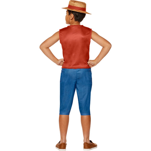 Person wearing a red sleeveless top and blue pants with a straw hat on a white background