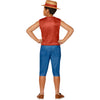 Person wearing a red sleeveless top and blue pants with a straw hat on a white background