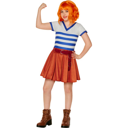 Person wearing a costume with a striped shirt and orange skirt on a white background