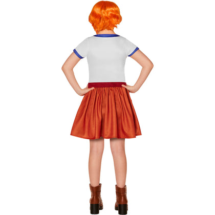Person wearing a costume with a white top and orange skirt on a white background