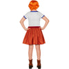 Person wearing a costume with a white top and orange skirt on a white background