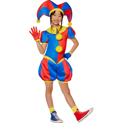 Child wearing a colorful clown costume with a red, blue, and yellow outfit on a white background