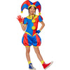 Child wearing a colorful clown costume with a red, blue, and yellow outfit on a white background