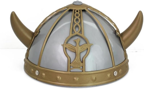 Viking helmet with gold horns and decorative emblem on a white background