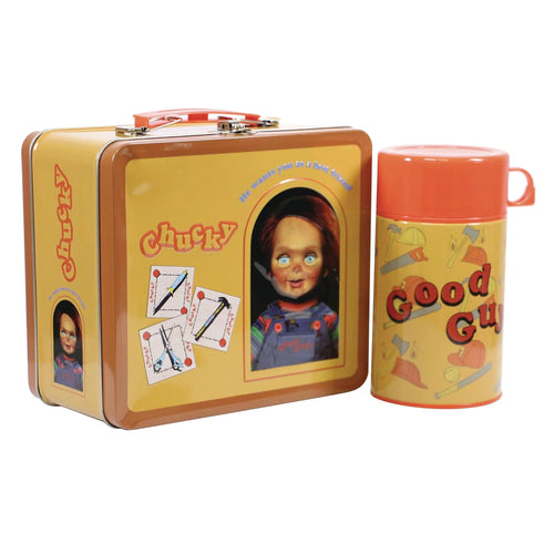 Lunch box and thermos set with Chucky character design on a white background