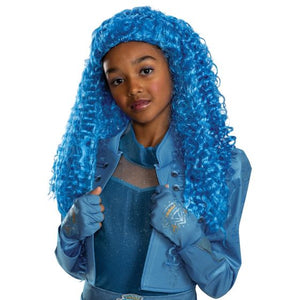 Child wearing a blue costume with a large blue wig on a white background