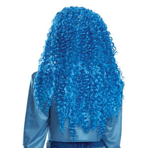 A bright blue curly wig with long, voluminous curls, shown from the back on a model wearing a matching blue costume against a plain white background.