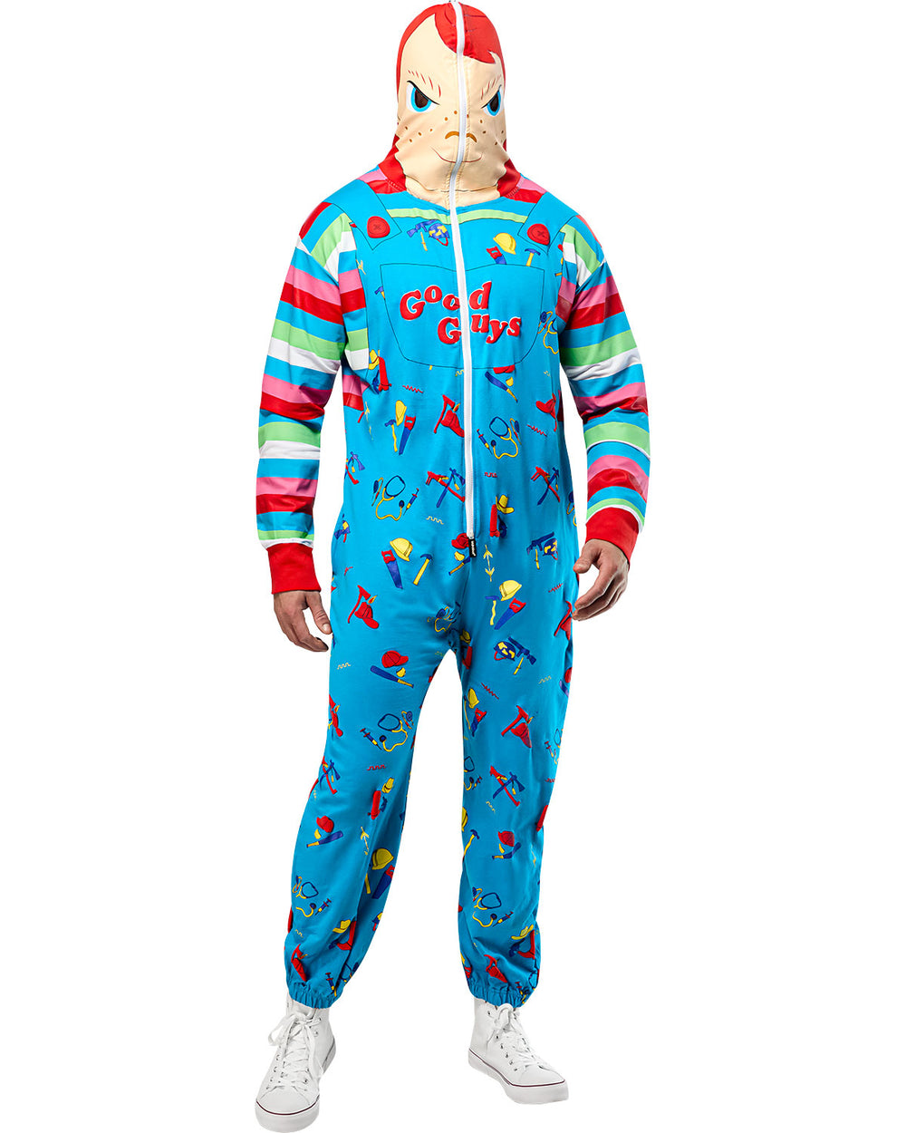 Colorful onesie with cartoon character design on a white background